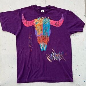 Men's VTG Fruit Loom T-Shirt Purple Southwest Painting Skull XL USA Ranch Cowboy